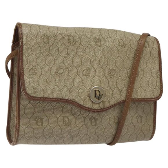 Christian Dior Honeycomb Canvas Shoulder Bag PVC Leather Beige Gold Auth - Picture 1 of 16